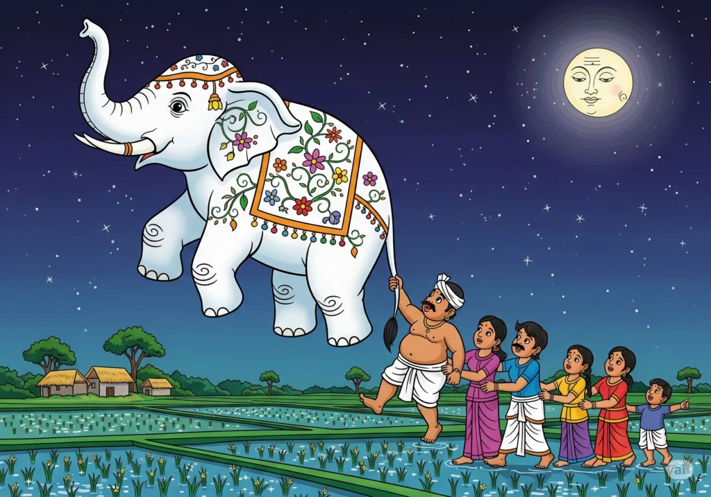 How The Gamarala Went To Heaven, gamarala folk tales sri lanka, gamaralage katha, white elephant